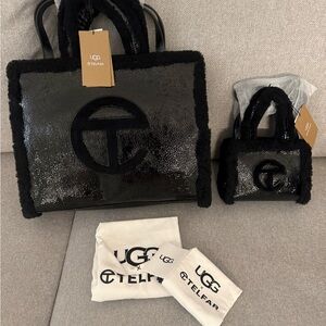 Telfar Black Patent Shearling-Trim Tote